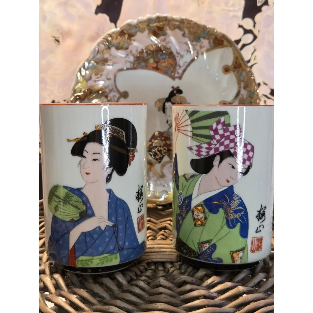 Vintage Japanese Geisha Tea Cups with Antique Japanese‎ Kutani Geisha Plate
